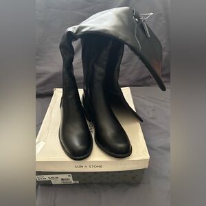 Knee High Sun + Stone Black Wide-Calf Boots-8 1/2